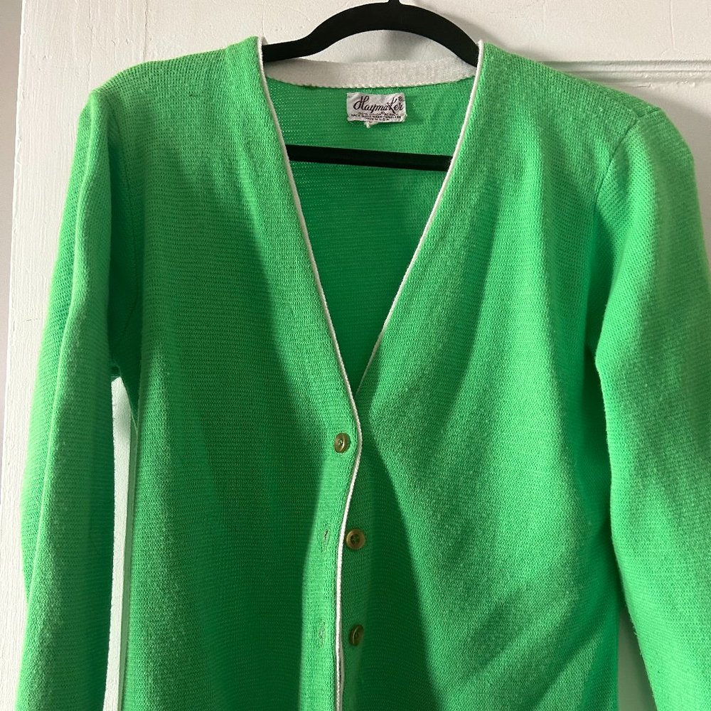 Green Vintage Cardigan with pink trim